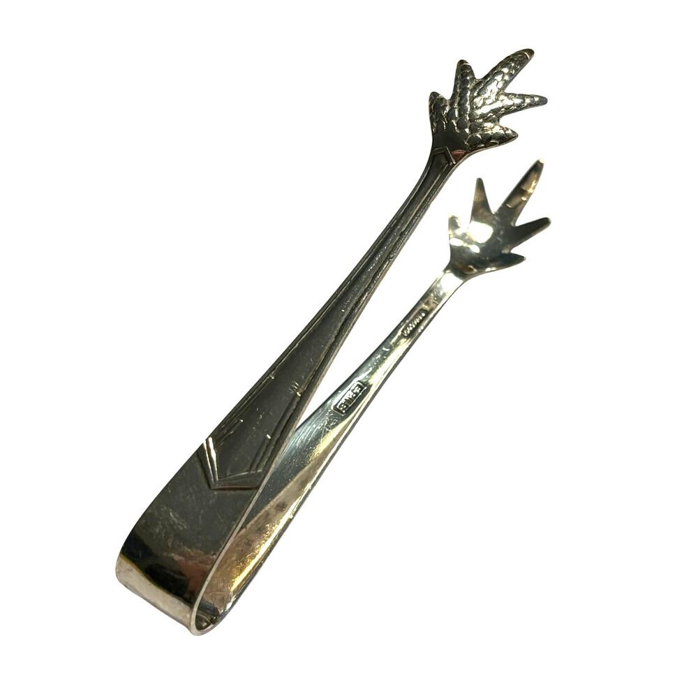 English silver sugar cube claw tongs mid century Art Deco geometric vintage